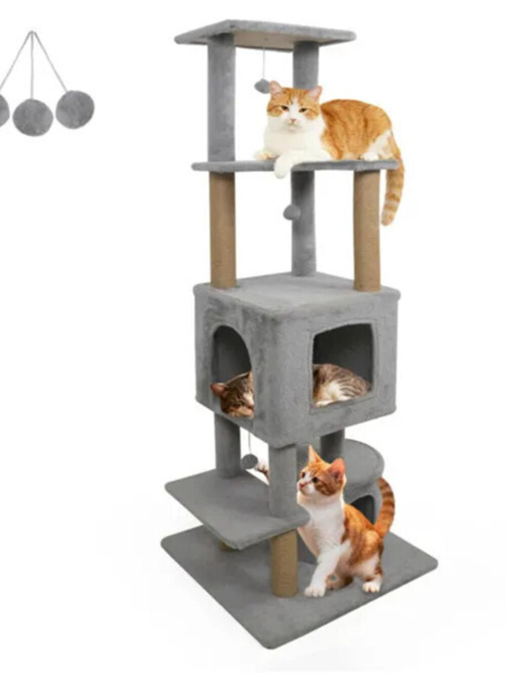 64" Light Gray Cat Tower With Plush Perches & 3 Dangling Balls, Jute Scratching